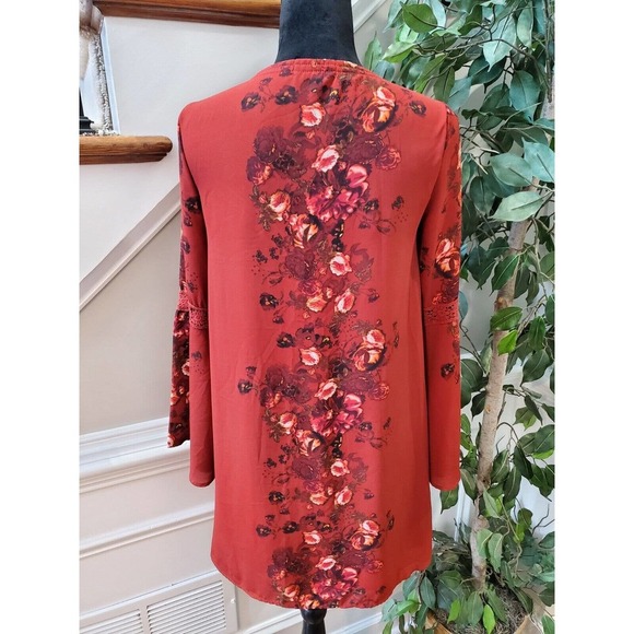 Altar’d State Red Floral Lace Up Boho Bell Sleeve V Neck Knee Length Dress Small - Picture 7 of 14